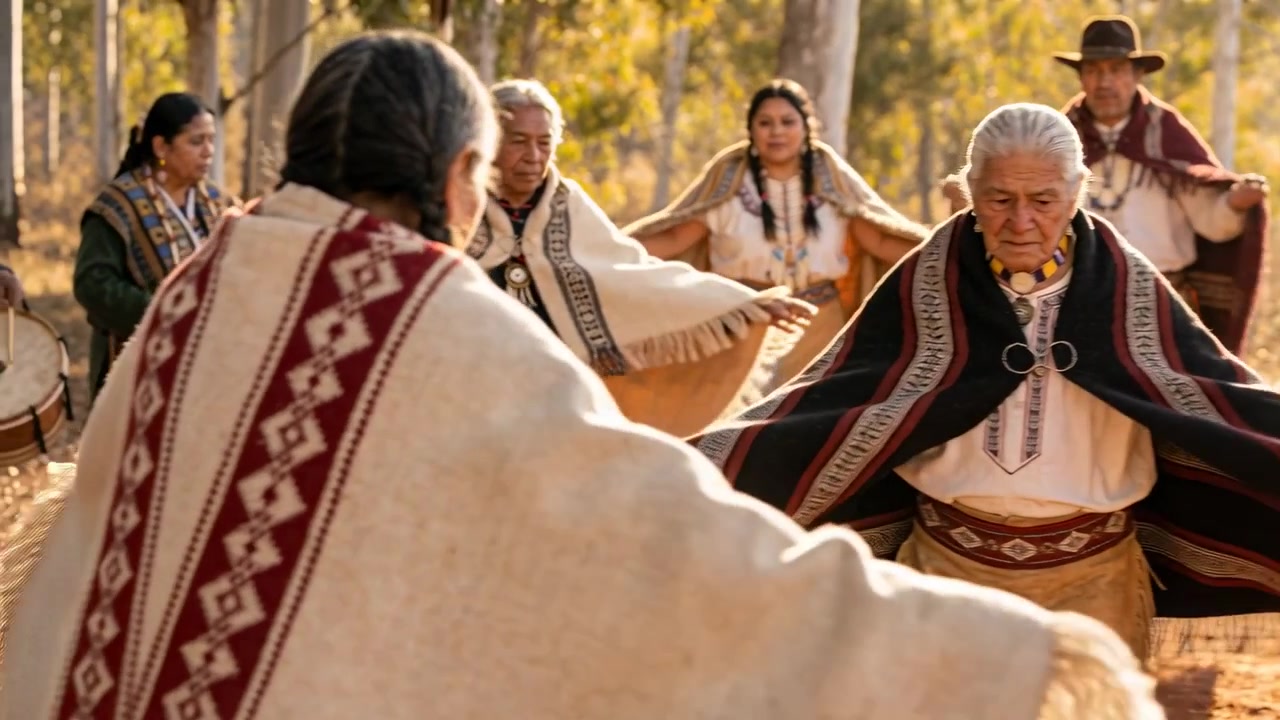 Schreitender älterer Mann in Poncho und Halsband, der einen zeremoniellen Austausch in sonnenbeschienenem Wald mit Trommlern leitet.