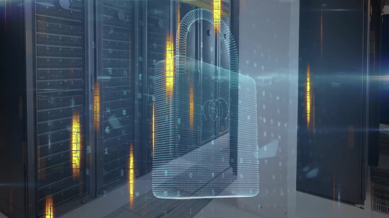 Animation of data processing with padlock over server room