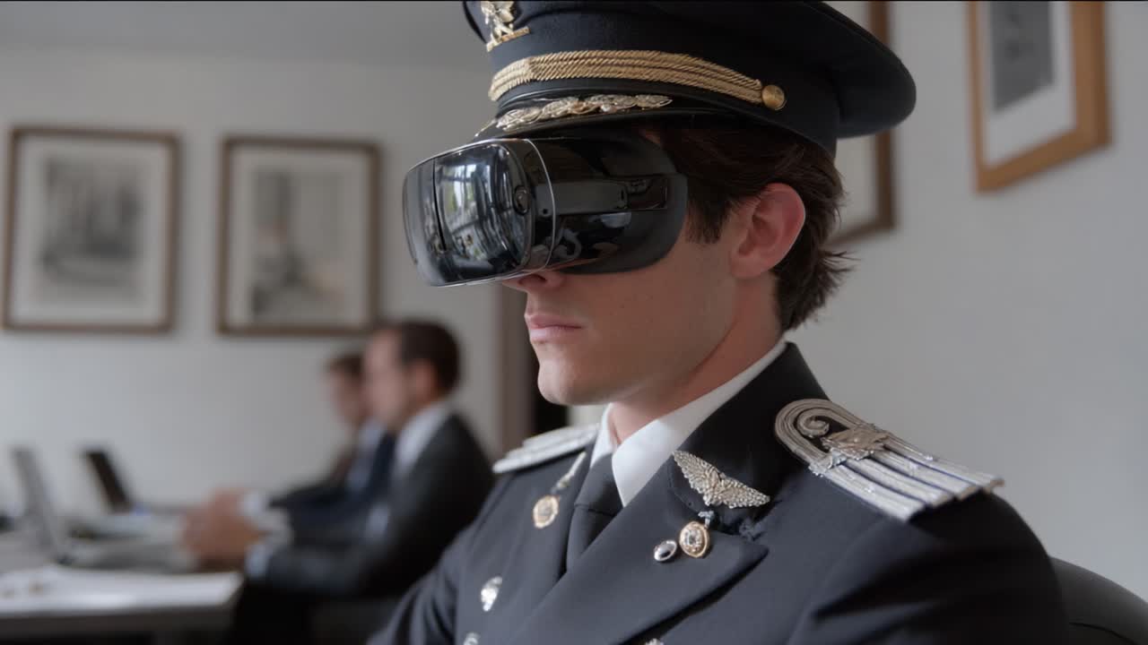 A Military Officer Engaged in Virtual Reality Training Simulations, Wearing Futuristic VR Goggles in a Professional Conference Room Setting