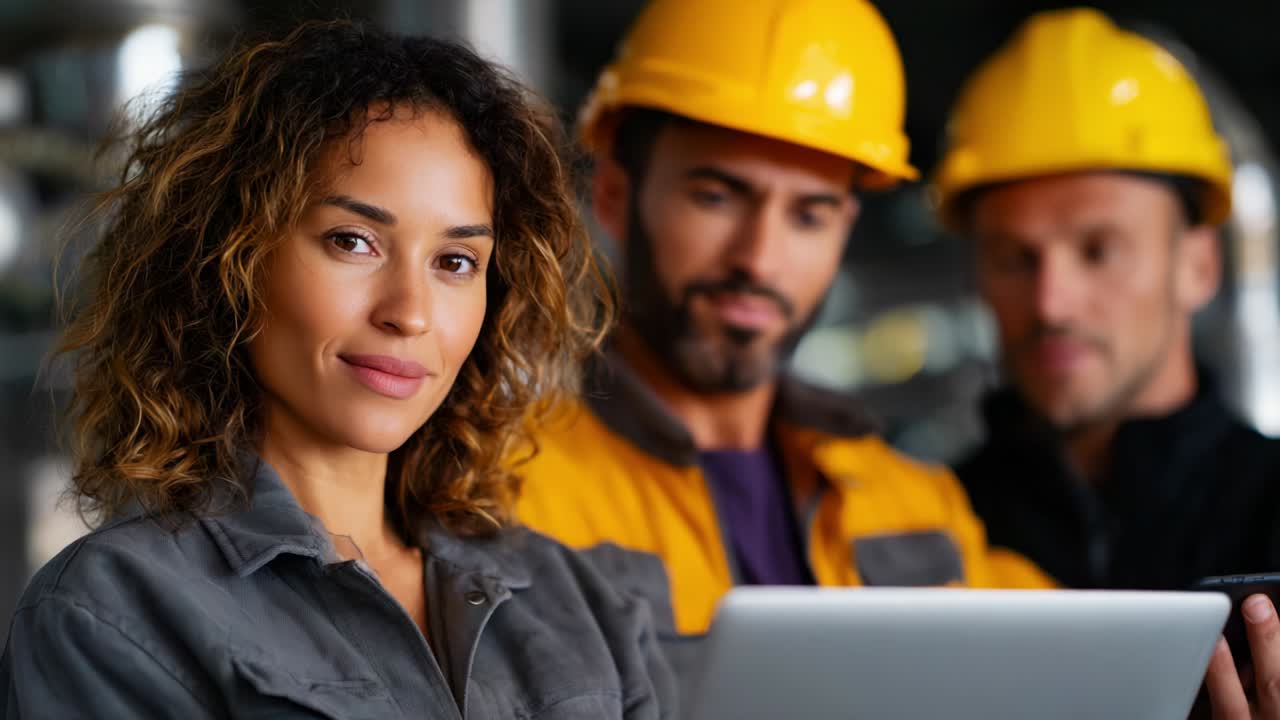 Uma profissional determinada interage com confiança com dois colegas da construção civil enquanto revisam os detalhes do projeto em um tablet, ilustrando o trabalho em equipe e a comunicação moderna na indústria.