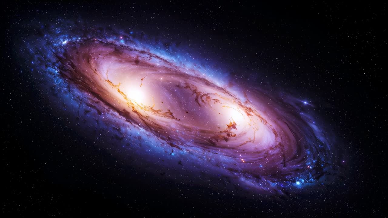 Avvio della riproduzione che mostra una galassia a spirale inclinata che ruota e si illumina nello spazio, rivelando un nucleo doppio