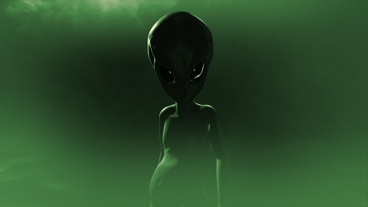 3D CGI push-in shot of a classic, shiny-skinned Roswell grey alien looking eeire and menacing, in an ominous swirling cloud of mist, with grey and green color tint