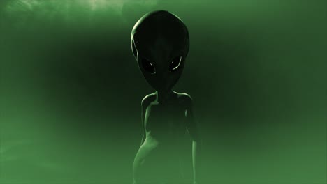 3d cgi push-in shot of a classic, shiny-skinned roswell grey alien looking eeire and menacing, in an ominous swirling cloud of mist, with grey and green color tint