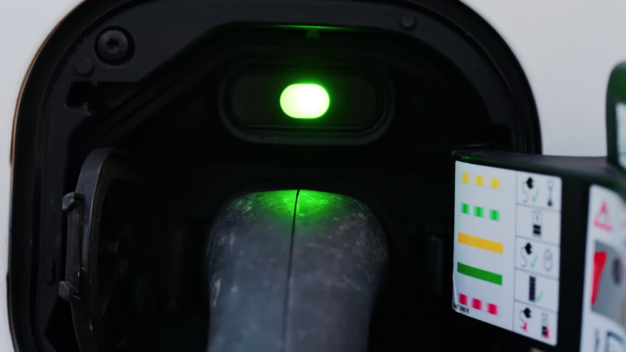 Close up of an electric car charger plugged into a white car