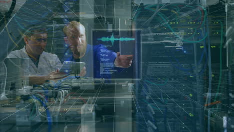 Animation of data processing over caucasian male workers in workshop