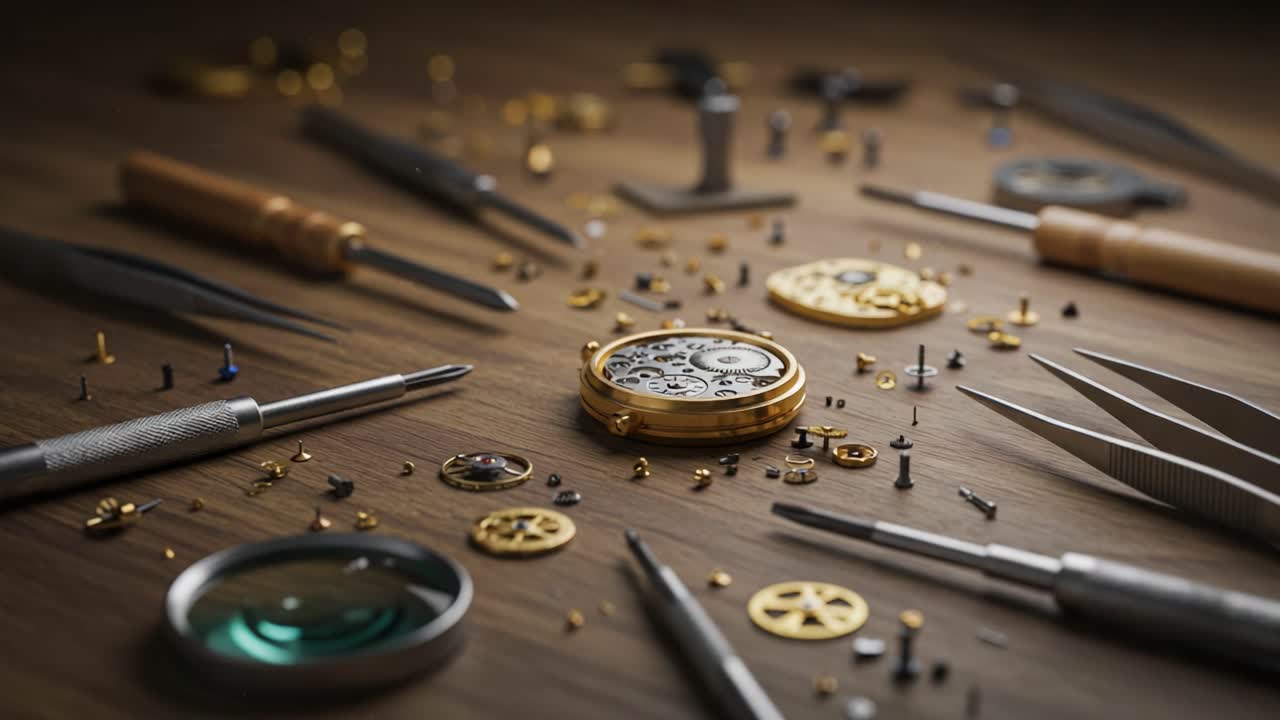 An Intricate Collection of Watchmaking Tools and Components Spread Across a Crafting Surface, Showcasing the Art and Precision of Timepiece Repair and Assembly