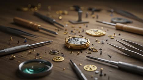 an intricate collection of watchmaking tools and components spread across a crafting surface, showcasing the art and precision of timepiece repair and assembly