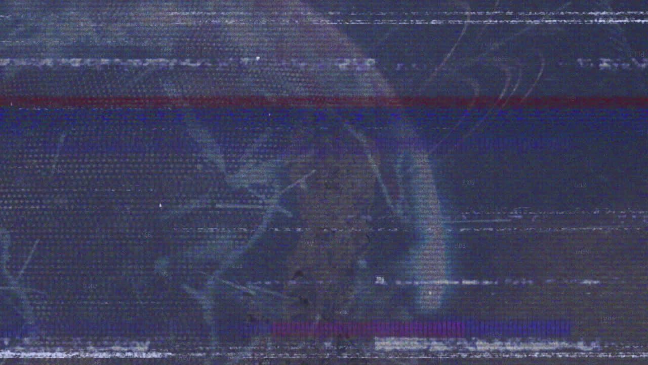 Animation of digital glitch effect with blue and white lines on abstract background