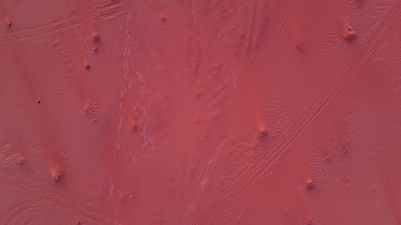 A cinematic top-down aerial shot capturing the vibrant red sand of Wadi Rum, Jordan, featuring intricate tire tracks and small desert mounds that create an abstract pattern