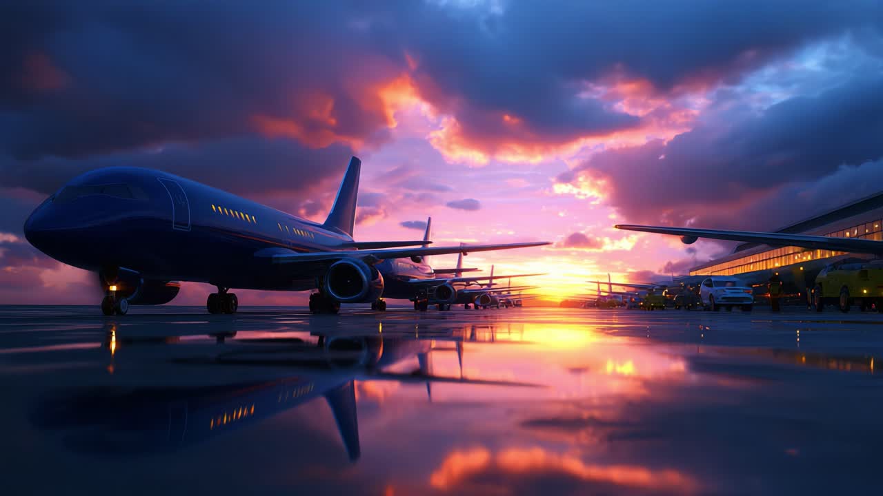 Stunning Evening View of Airplanes on the Tarmac Under a Vibrant Sunset with Clouds Reflected on the Wet Runway, Capturing the Beauty of Aviation and Nature in Perfect Harmony