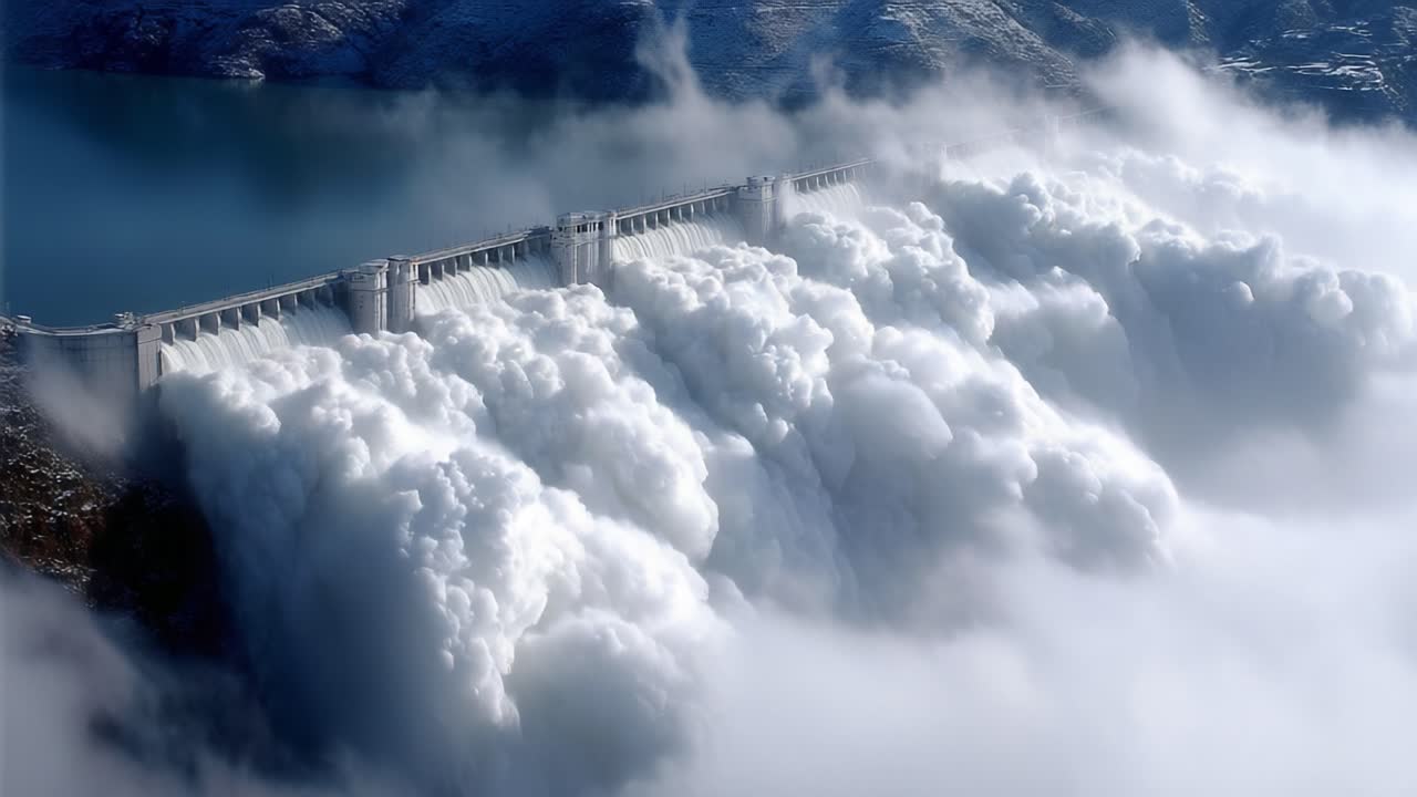 Aerial View of a Massive Dam Releasing Water with Overflow Clouds Surrounding It, Highlighting the Power of Hydroelectric Energy Generation in Stunning Natural Landscape