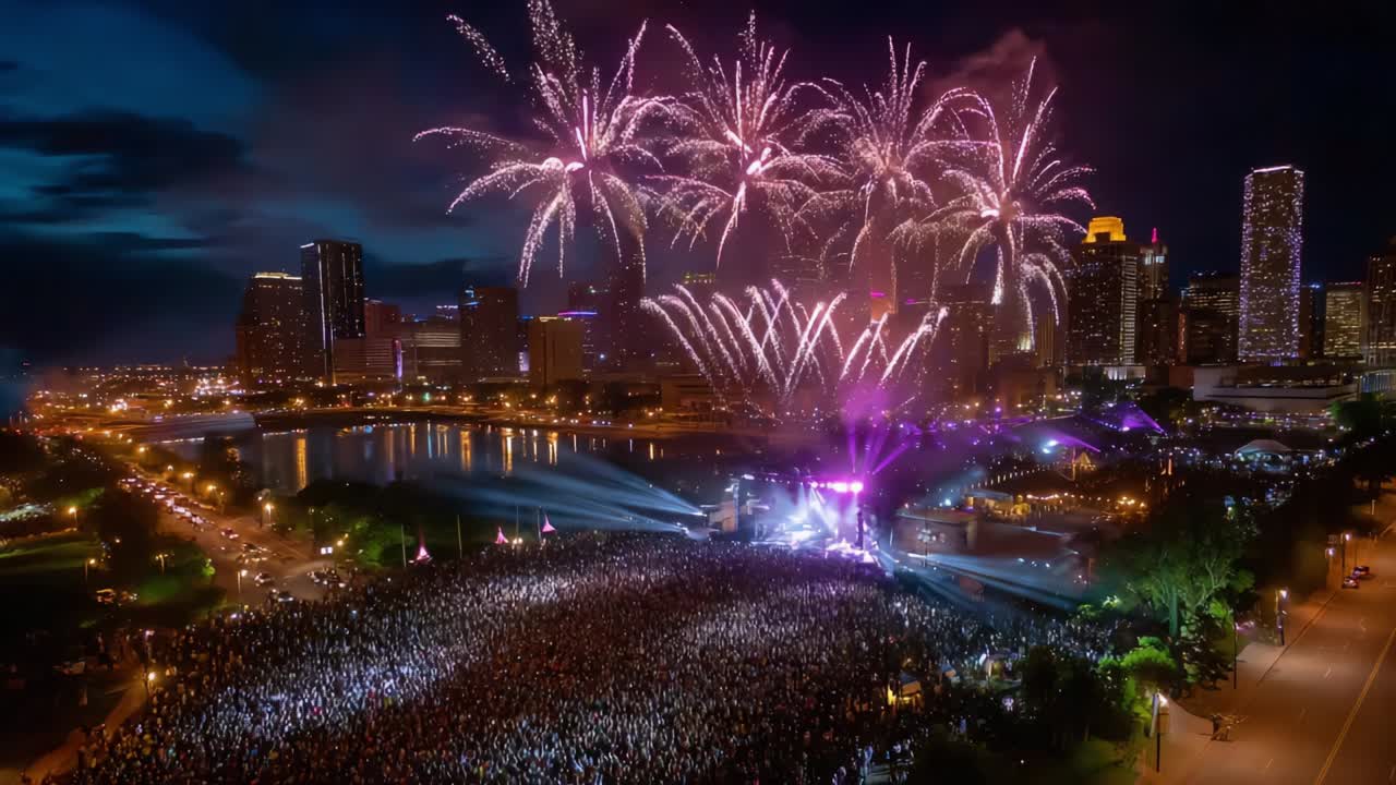 A Spectacular Night Celebration: Stunning Fireworks Illuminate the Skyline While Thousands Gather to Enjoy an Unforgettable Outdoor Event Filled with Music, Lights, and Vibrant Energy From All Around