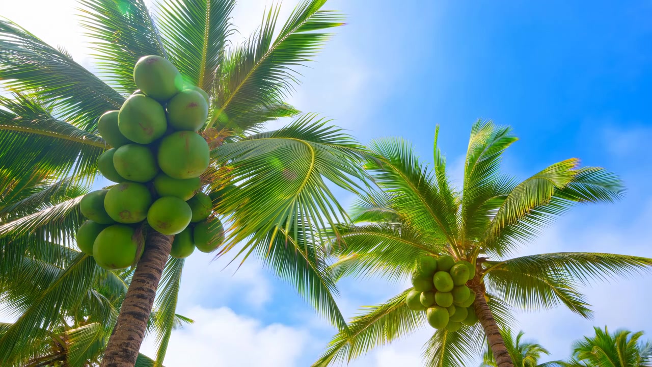 Vista dal basso di lussureggianti palme da cocco con grappoli di frutti verdi, fronde illuminate dal sole e nuvole soffici che si muovono attraverso un cielo azzurro vivido in un'ambientazione tropicale calda.