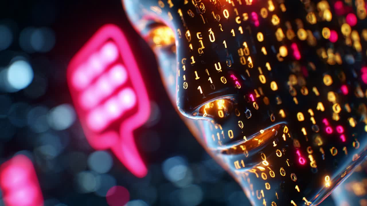 A Futuristic Automated Entity Analyzing Digital Data Patterns with Glowing Binary Code Displayed on Its Facade, Reflecting the Intersection of Technology and Human Interaction in a Virtual Realm