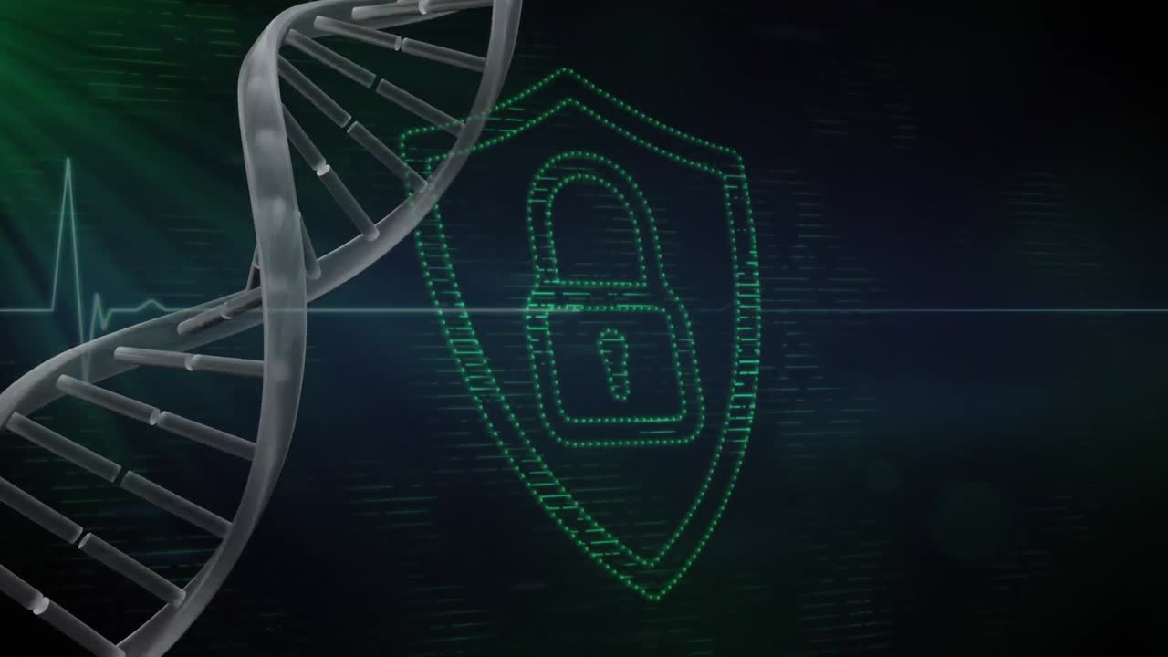 DNA gene with green 3d digital padlock