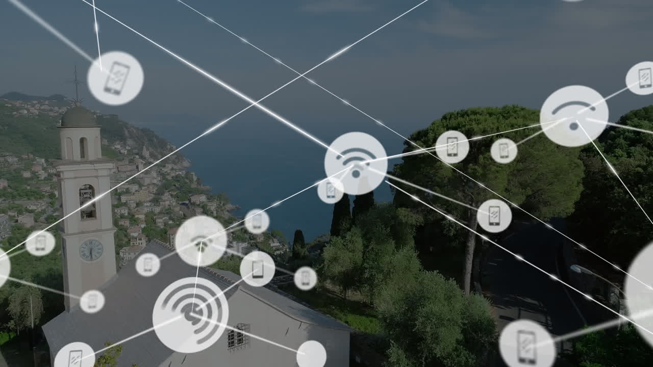 animación de la red de conexiones con iconos sobre el paisaje urbano