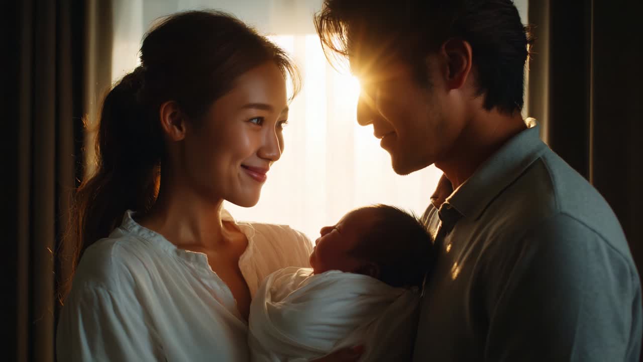 A Tender Family Moment: A Loving Couple Gazes Adoringly at Their Newborn Baby in a Sunlit Room, Capturing the Joy and Connection of Parenthood in a Heartwarming Embrace