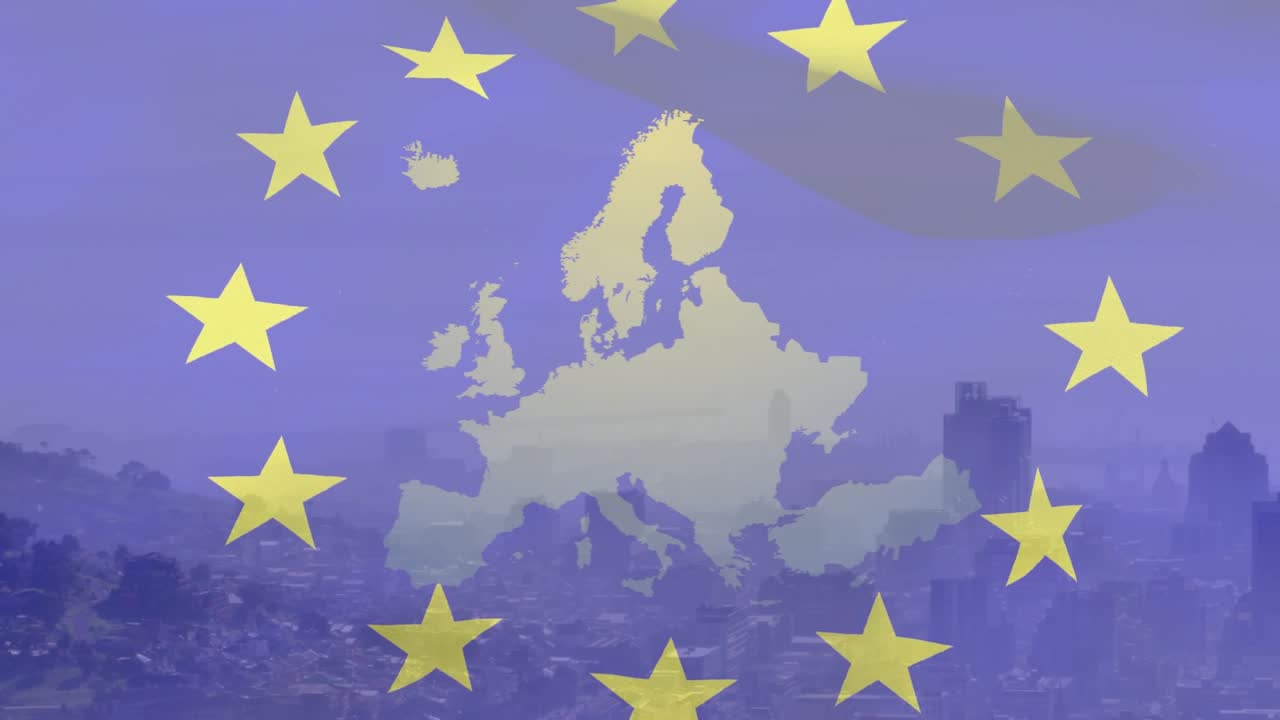 Ring av tolv gule stjerner som omkranser et hvitt Europakart, som representerer enhet, over en bysilhuett.