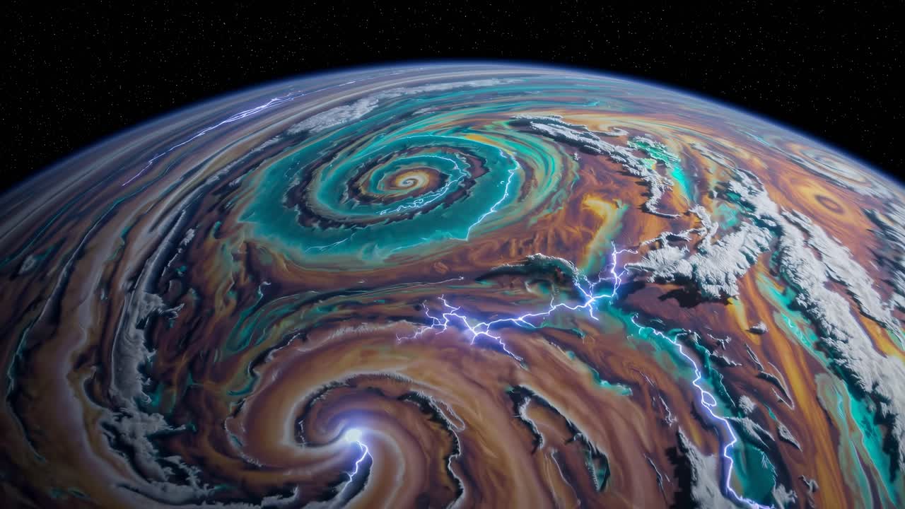 A mesmerizing video still of a swirling, colorful planet from a low-angle view, showcasing vibrant