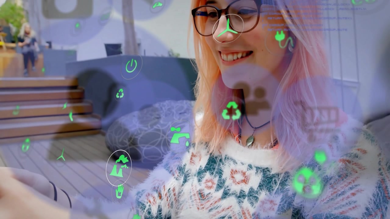 Seated female lifting smartphone on wooden deck, tapping screen, clustering pulsing eco icons in AR