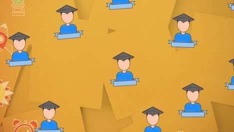 animación de los iconos de los artículos escolares sobre un fondo naranja