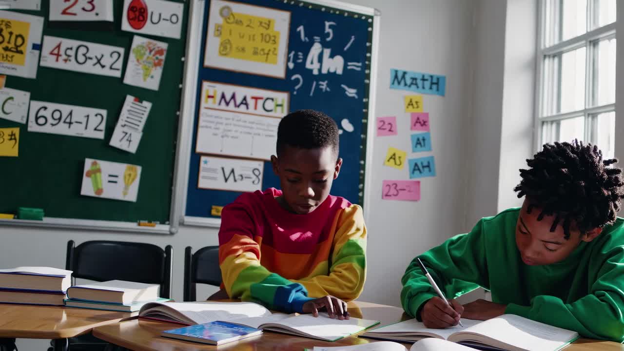 Video still of two students studying in a classroom, captured from a side angle
