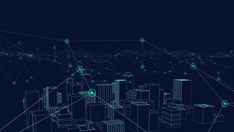 digital animation of network of connections against 3d city model spinning on blue background