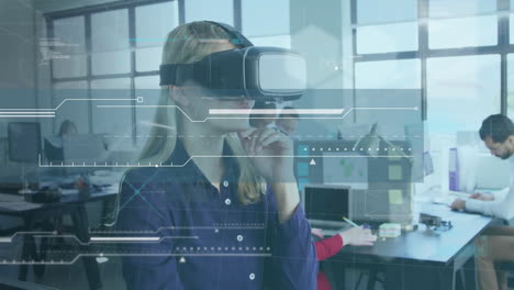 woman using vr headset, futuristic interface animation over office environment