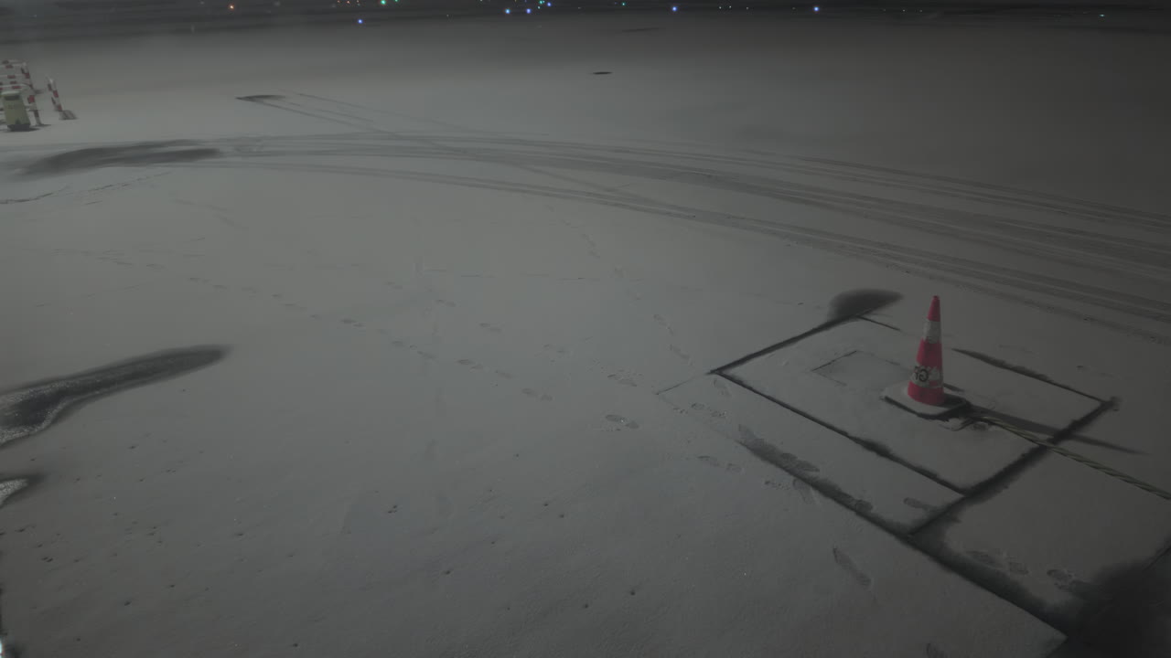 눈으로 인 공항 램프, 카메라가 위로 기울어집니다.