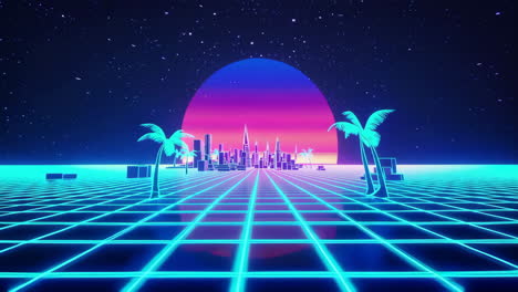 retrowave cityscape with neon grid and sunset