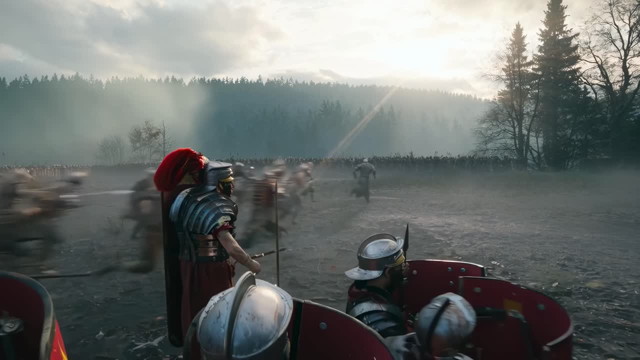 Scena epickiej bitwy z rzymskimi żołnierzami, ujęcie od tyłu na poziomie oczu, styl filmowy
