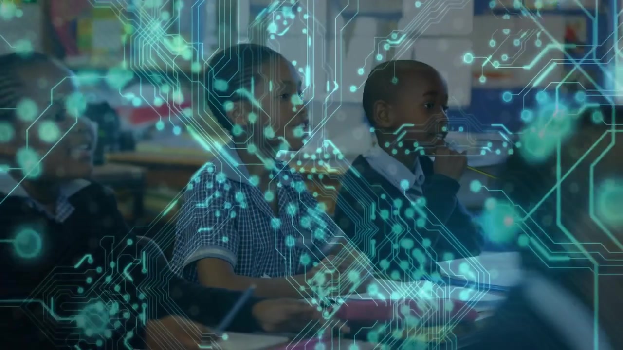 Circuit overlay fading over classroom, camera sliding past students writing and raising hand