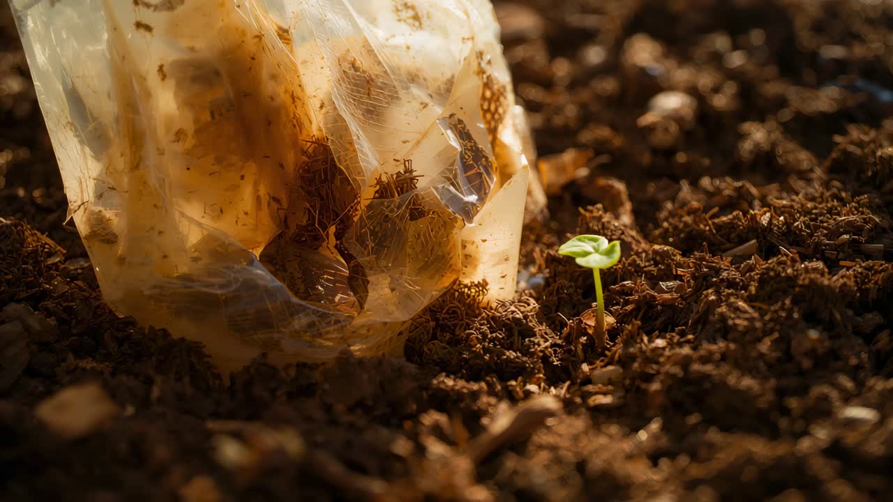Germoglio in crescita che si raddrizza dopo la luce, cotiledoni che si aprono in un vassoio alla luce vicino a una borsa, spazio per la copia