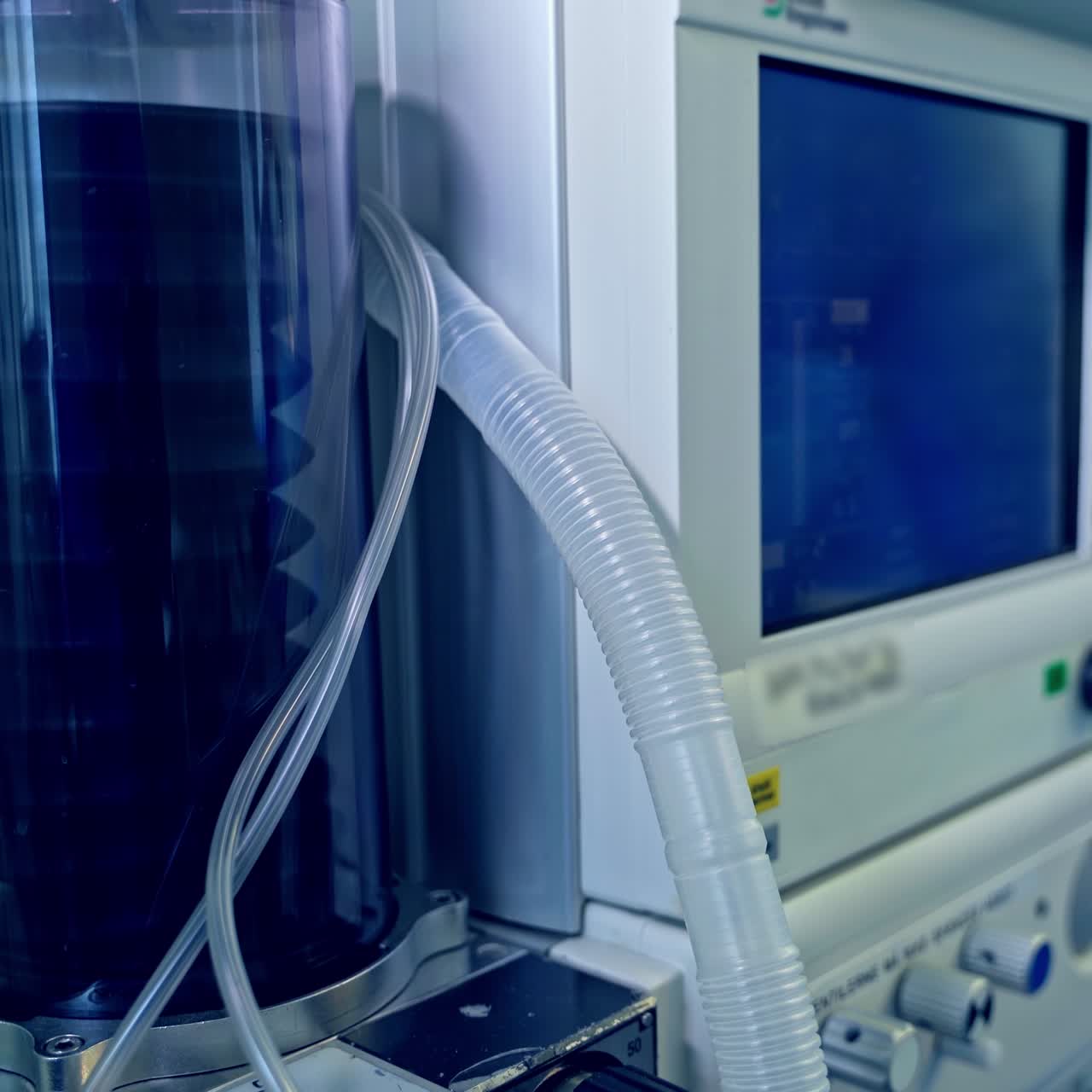 Machine ventilator. Monitors inside the operating room. Work of modern medical equipment during surgery. Close-up.