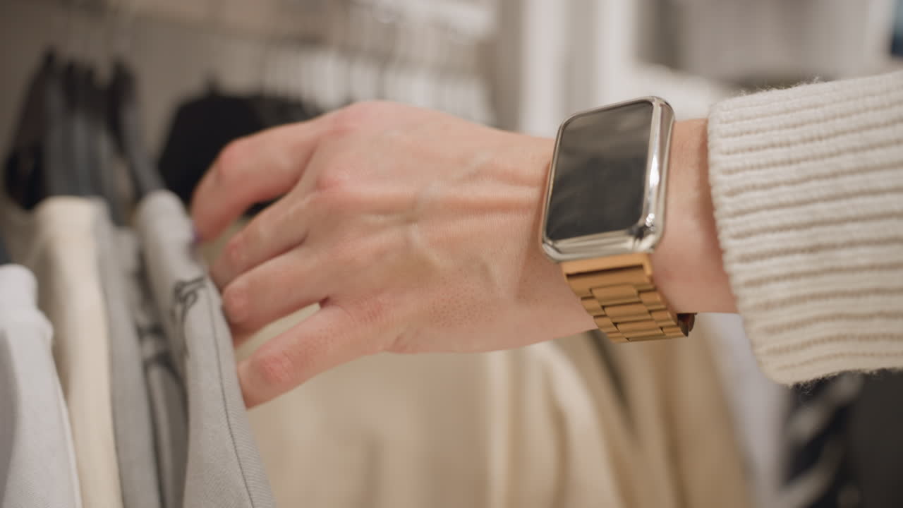 Close view shows young female shopper sliding hands with gold smart watch and wrist tattoo along hangers, comparing beige, grey, white polos inside store, feeling texture, deciding purchase