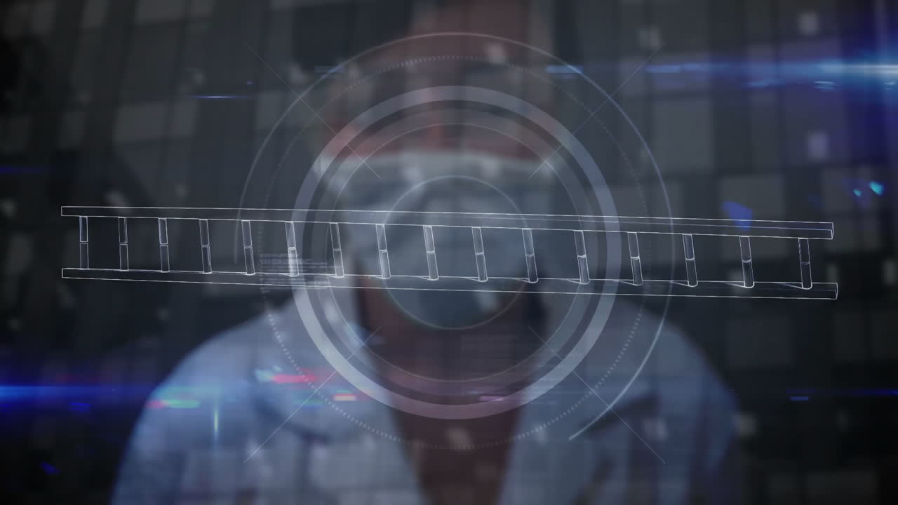 Wearing mask, medical professional interacting with animation of digital data overlay