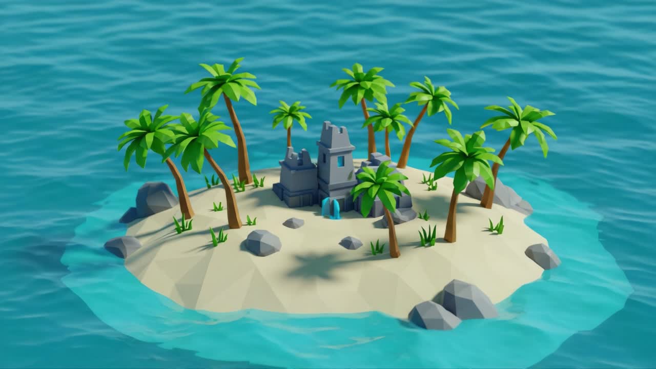 A Picturesque Fantasy Island Featuring Ancient Ruins Surrounded by Lush Palm Trees and Sparkling Blue Waters Perfect for Exploration and Adventure