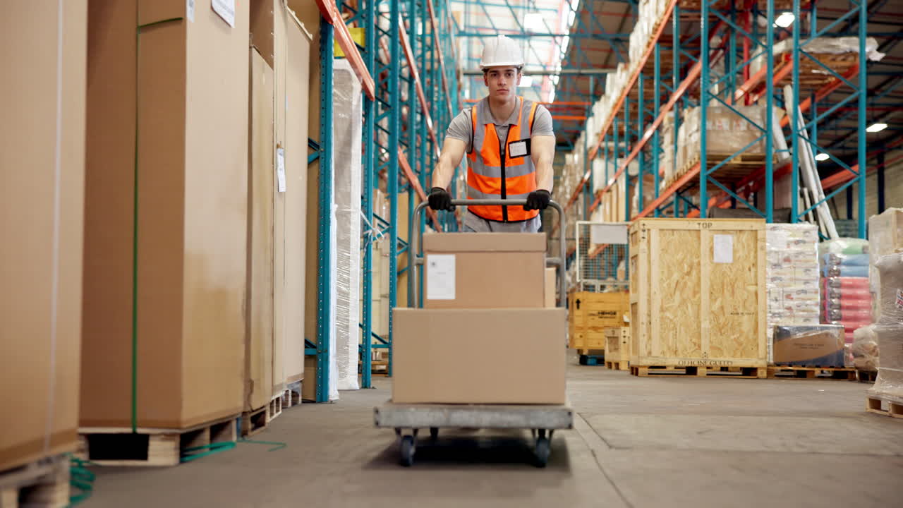 Warehouse Worker Transporting Boxes on a Cart