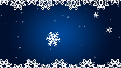 animation of white christmas decoration and snowflakes falling on blue background