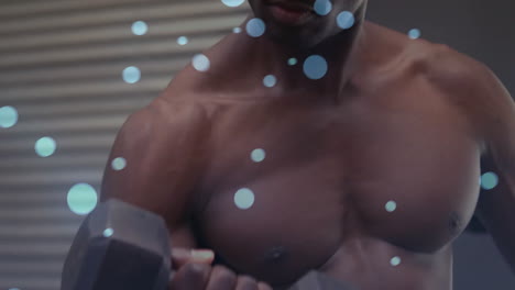 en el gimnasio, un hombre musculoso haciendo ejercicio con animación de luz bokeh en el fondo