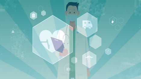 Mehrere-Medizinische-Digitale-Symbole-Gegen-Ärztin-Symbol-Vor-Blauem-Radialem-Hintergrund