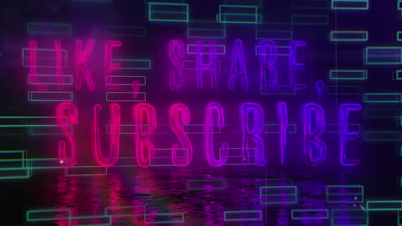 Animation of like, share, subscribe text over shapes on black background