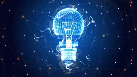 animation of energy waves over light bulb and networks on blue
