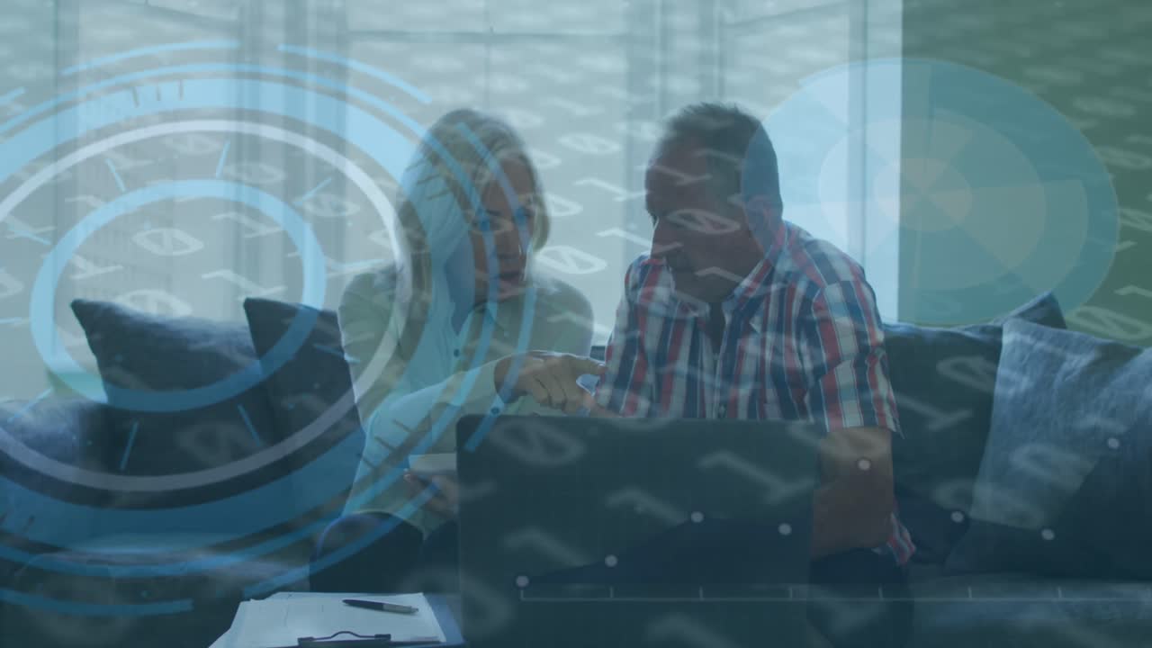 Animation of scope scanning and binary coding over senior couple using laptop