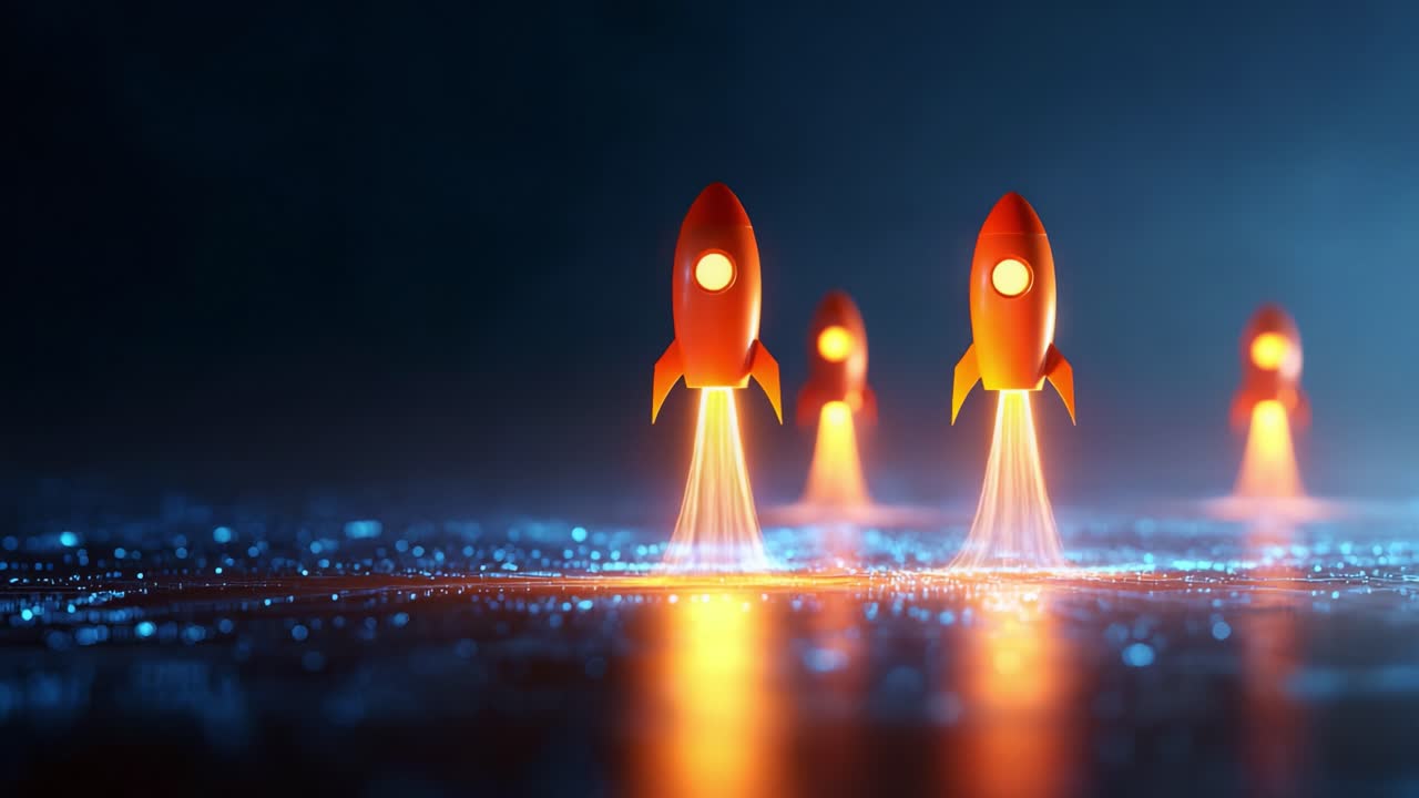 A Stunning Visualization of Rocket Launches in a Futuristic Environment, Showcasing Multiple Rockets Lifting Off with Vibrant Flames Against a High-Tech Background