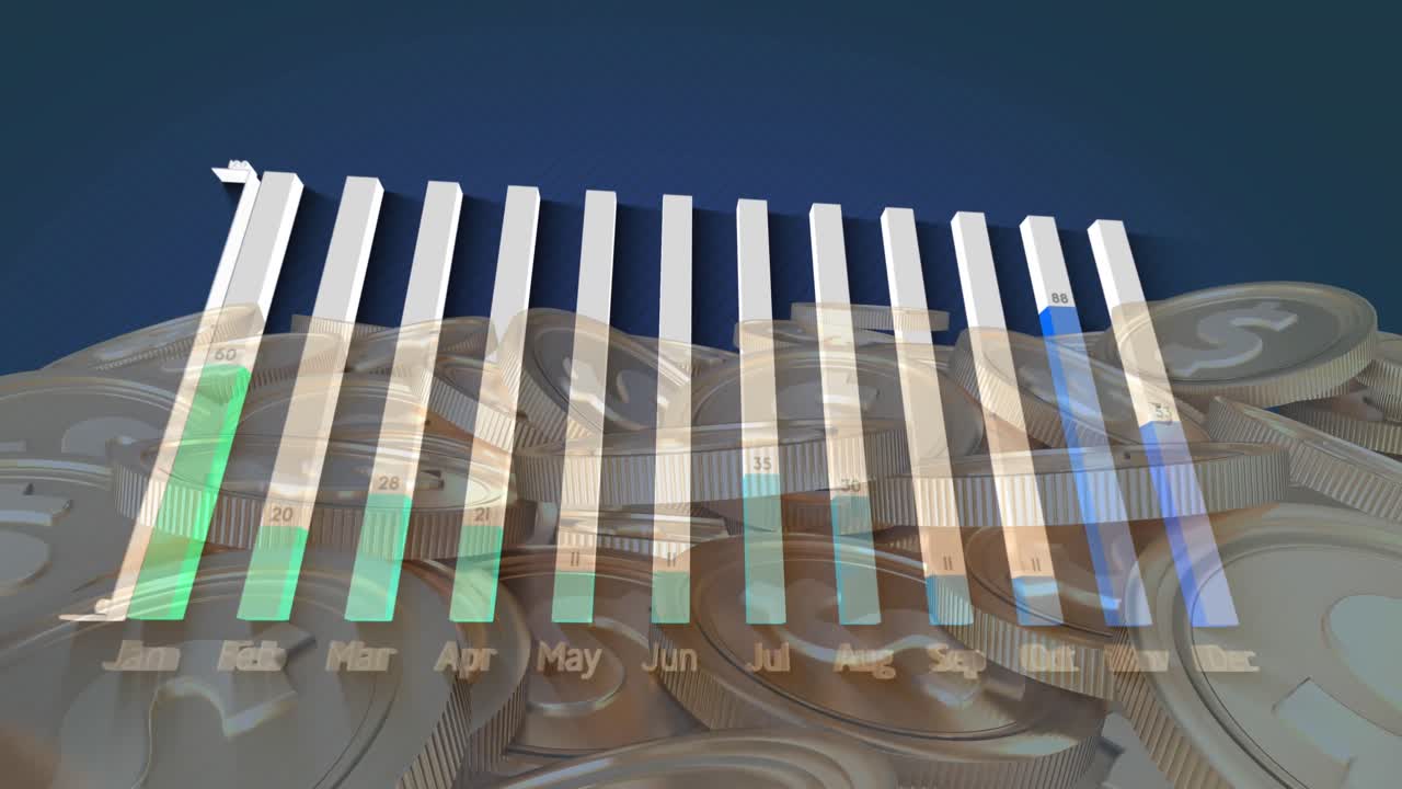 파란색 배경에 있는 데이터 처리 및 동전의 애니메이션