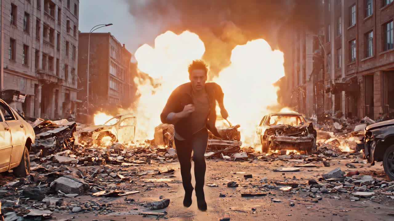 Man Escaping a Car Explosion in a City
