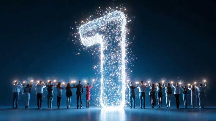 A dazzling celebration with a glowing number one surrounded by individuals holding sparklers, symbolizing unity and a significant milestone in a festive atmosphere