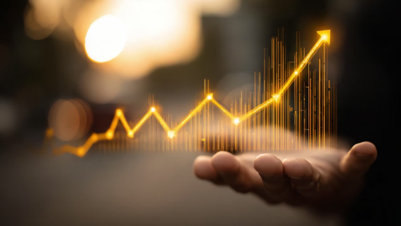 A Dynamic Visualization of Growth and Success: A Hand Holding a Vibrant Golden Arrow Indicating Progress and Potential in a Business or Financial Context
