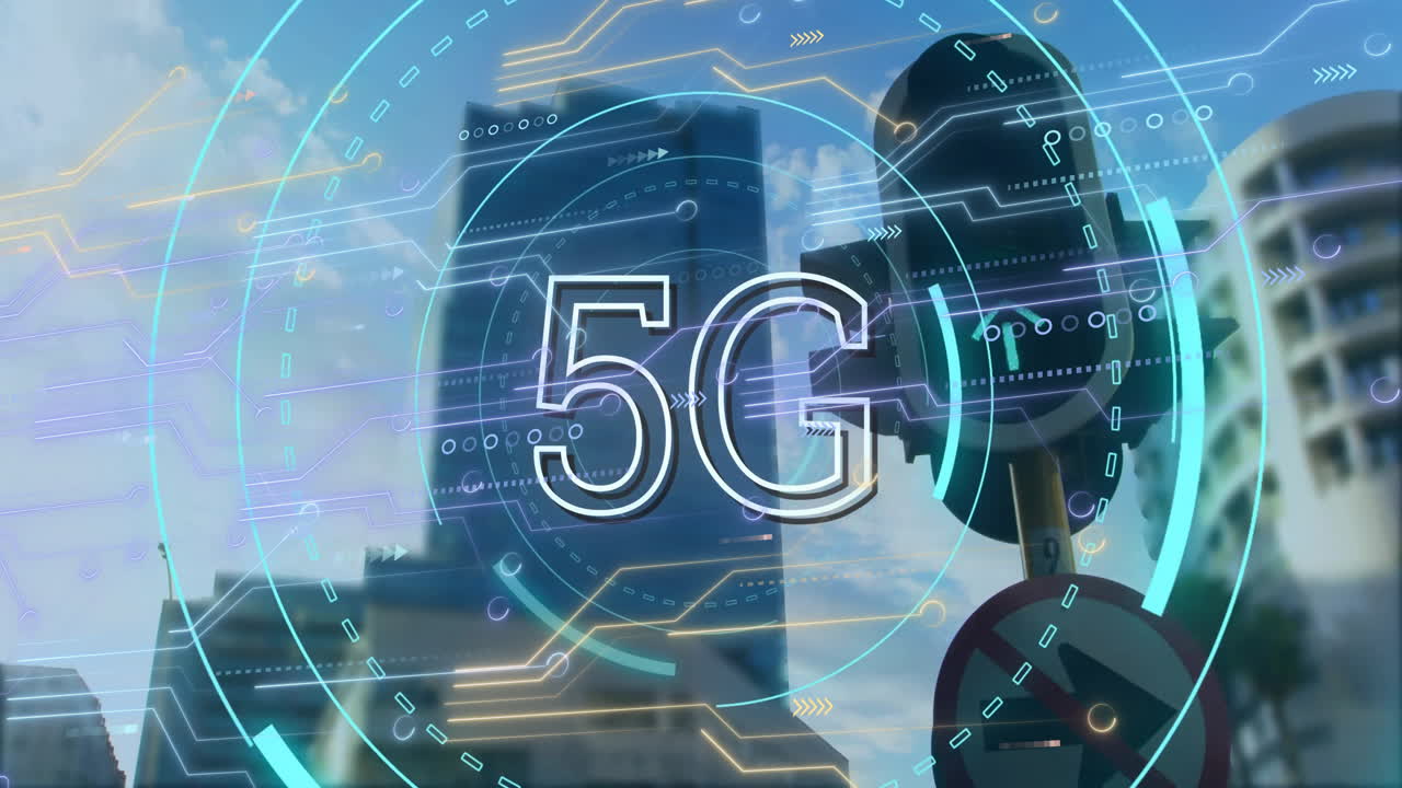 animazione di testo 5g, elaborazione di dati digitali su città